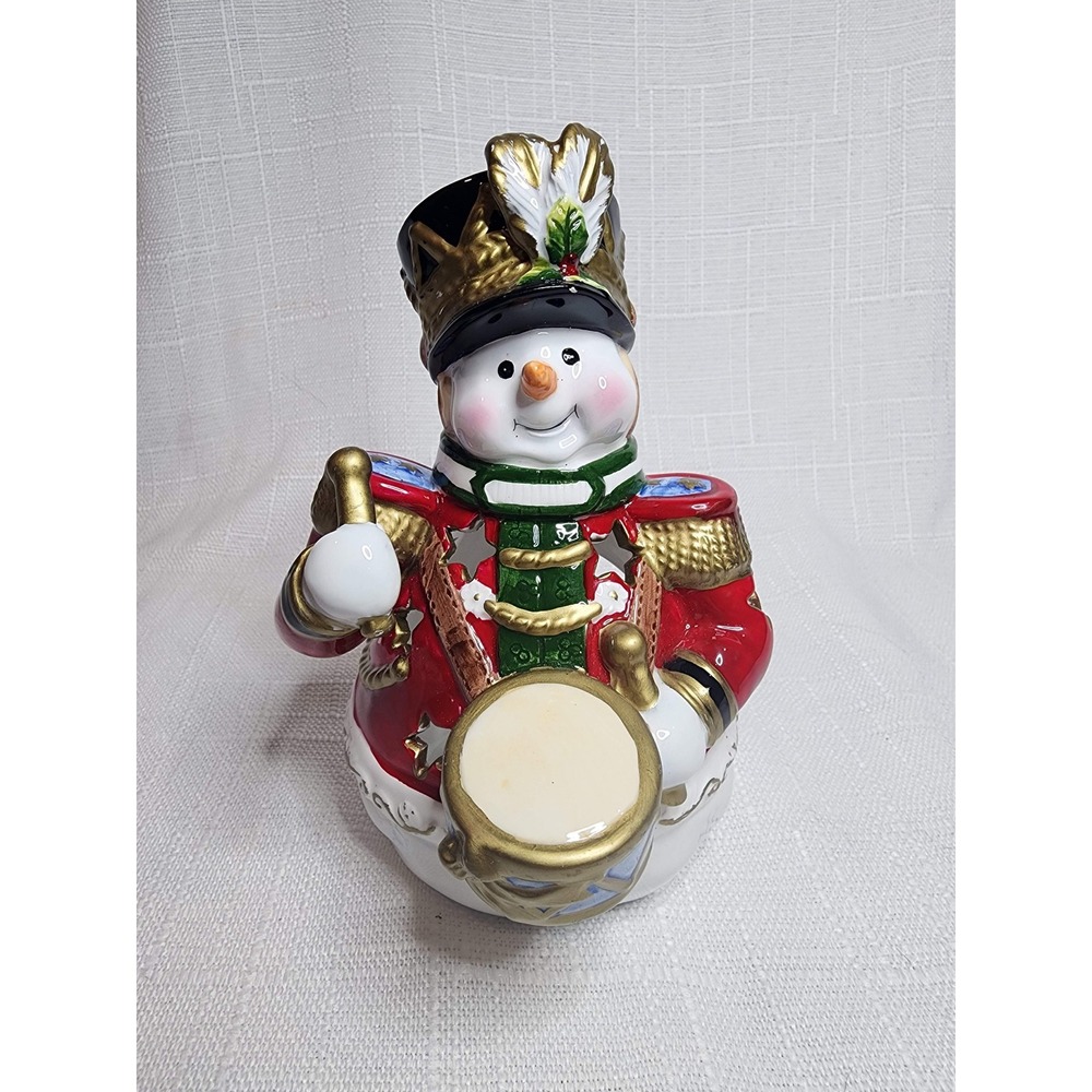 Vintage 2000 SH Ceramic Snowman Soldier Drummer Tea Light Candle Holder Red 7.5"